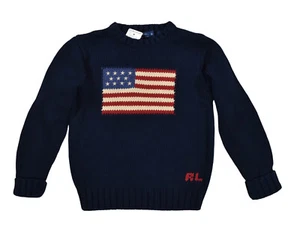 Vintage Unisex Kids Polo Ralph Lauren Navy Cotton American Flag Sweater 6 New - Picture 1 of 2