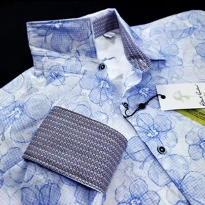 Robert Graham Geometric Floral Diamond Print Cotton Linen Blue Sport Shirt 2XL - Picture 1 of 9