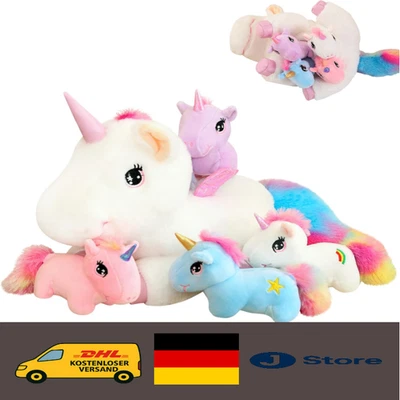 SQEQE Niedliche Einhorn Stofftiere mit 4 Baby Einhorn Plüschtiere in ihrem Ba...