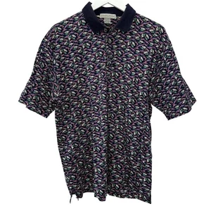 NIcklaus Mens Short Sleeve Polo Shirt Size L Navy Blue Shark Fish All Over Print - Picture 1 of 5