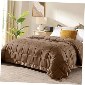 Size Blanket with Satin Trim, Lightweight Down Alternative Queen Brown - Picture 1 of 7