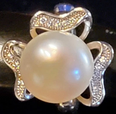 Anillo de perlas de colección del Mar del Sur de 12 a 13 mm perla central grande/diamantes pequeños .925 5,5 Foto 1 de 4