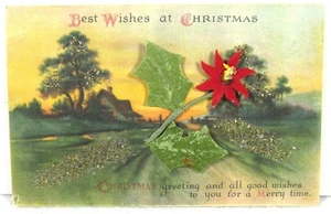 Vintage Weihnachts Postkarte 1918 mit Stoff Weihnachtsstern & Glitzer - Bild 1 von 4