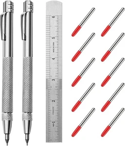 2 Pack Tungsten Carbide Tip Scriber Tool with 10 Refills 1 Ruler Metal Scribe - Picture 1 of 6
