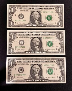 (3) 2017A $1 One Dollar Federal Res Star Notes ~ # B07207200,199,198* ~ Trinary - Bild 1 von 2