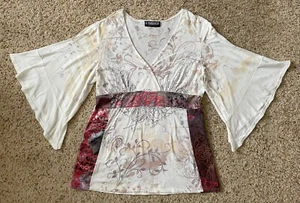 Pyramid Collection Womens V-Neck Long Sleeve Shirt Blouse Sz L Free Spirit - Picture 1 of 4