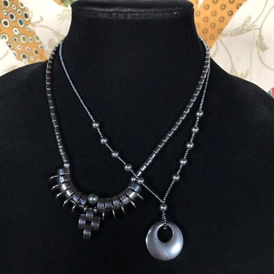 2 Necklace Lot Hematite Beads Bead Beaded Round Pendant Gray Grounding Healing - Image 1 of 4