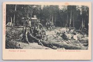 Picnic en el río San Lorenzo Quebec Canadá 1908 mujeres hombres redes campamento canoa - Imagen 1 de 2