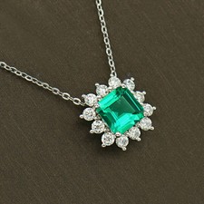 3ct Asscher Lab Created Colombian Emerald with Moissanite Pendant 14k White Gold