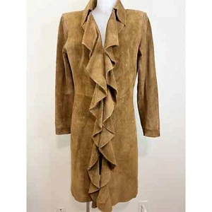 Vintage Margaret Godfrey Brown Ruffle Detail Leather Coat Women's Size 12 - Picture 1 of 10