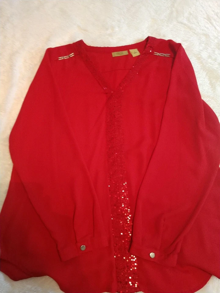 Womens Blouse Large Red Sparkle Valarie Stevens - Image 1 of 4