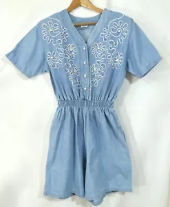 Vintage 80s Denim Jean Short Beaded Romper S - Picture 1 of 7