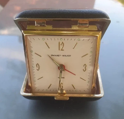 PHINNEY & WALKER Wind-up Travel Alarm Clock Folding Black Case Made in Japan VTG Cover