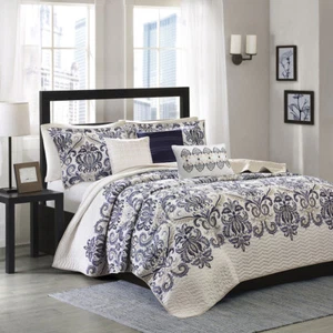 BEAUTIFUL ELEGANT MODERN CHIC BLUE NAVY GREY WHITE BEACH RICH SCROLL QUILT SET - Picture 1 of 4