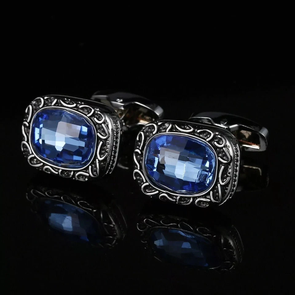 3Ct Cushion Cut Tanzanite Lab Created Cufflinks 14K White Gold Plated Perfect - Image 1 of 3