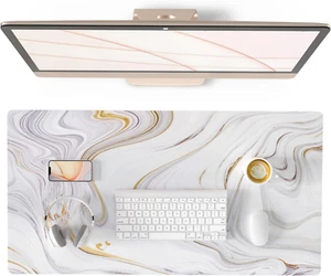 White Mouse Pad, Cute Marble Large Desk Mat, PU Leather Desk Protector Mousepad, - Picture 1 of 12