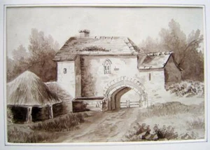 LANDSCHAFT EIN ALTES GEBÄUDE MIT MITTELALTERLICHEM TORBOGEN DAVID MOORE SEPIA WASH 1832 - Bild 1 von 1