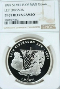 1997 ISLE OF MAN SILVER 1 CROWN LEIF ERIKSSON NGC PF 69 ULTRA CAMEO TOP POP - Picture 1 of 4