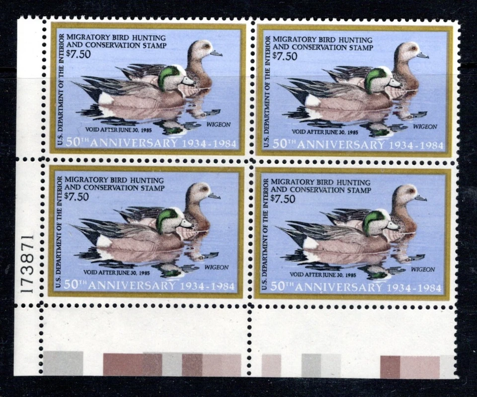 USA 1984 Federal Duck Stamp- Sc #RW51 Plate Block $7.50 Widgeons OG & NH, XF - Image 1 of 1