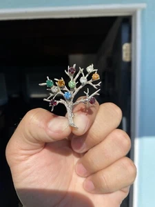 Mystifying Vintage Sterling Silver Tree Brooch Pin Multiple Colored Stones - Picture 1 of 11