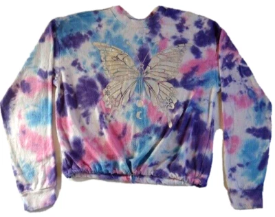 No Boundaries  NEW♈Jr's Foiled LS Sweat shirt size L (11-13~pink/blue butterfly — 第 1/4 张图片