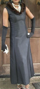 Nuevo Sin Etiquetas Elegante Custom Couture Visón y Negro Mezcla de Seda Cruda Vestido S-4 - Imagen 1 de 4
