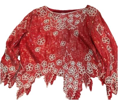 Top Vintage Rojo Blanco Lentejuelas 100% Seda Pura Hecho en India Talla Grande Foto 1 de 4