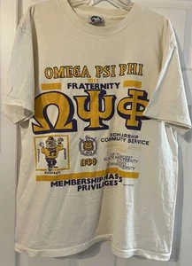 Camicia Vintage Omega Psi Phi Nera Fraternità Afroamericana XL Blu Liquido Etichetta - Foto 1 di 5