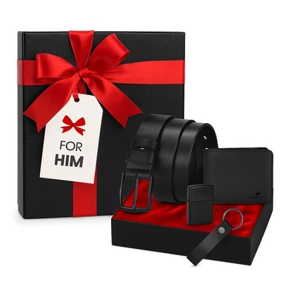 FRANK MARTIN Herren Geschenkset Geldbörse Gürtel Schlüsselanhänger Feuerzeug Schwarz Box NEU