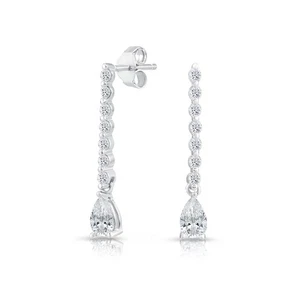Solid 925 Sterling Silver Pear-Cut Teardrop CZ Dangle Drop Earrings Pushback - Picture 1 of 6