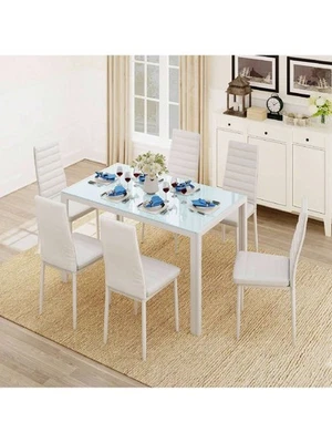 Juego de mesa de comedor de vidrio con sillas de cuero PU 5 7 piezas juego de cocina Foto 1 de 4
