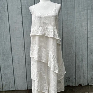POL Eyelet Ruffle Tiered Maxi Dress White Sleeveless Summer Beach Cotton Size L - Picture 1 of 10