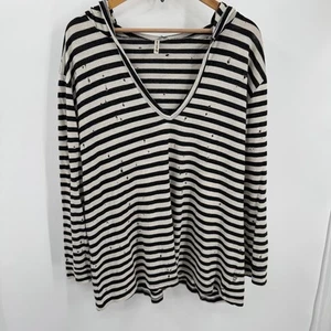 Emma & Sam Hoodie Womens Medium Black White Striped Distressed Pullover USA - Picture 1 of 8