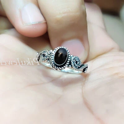 Anello unico in argento sterling 925 con pietra preziosa ovale onice nera... - Immagine 1 di 4