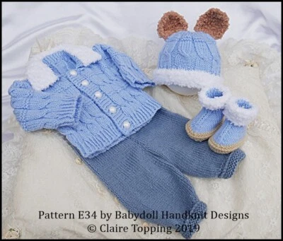 CLAIRE'S BABY & DOLL HANDKNIT DESIGNS BABYDOLL HANDKNIT DESIGNS KNITTING PATTERN E34 WINTER SUIT 19-22" DOLL/0-3M BABY