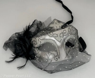 Venetian Style Mardi Gras Masquerade Eye Masks 5 Variations Black Silver Feather - Image 1 of 4