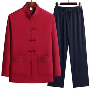 Mens Traditional Chinese Tang Suit Jacket Coat Set Kungfu Tai Chi Uniform Outfit - Picture 1 of 21
