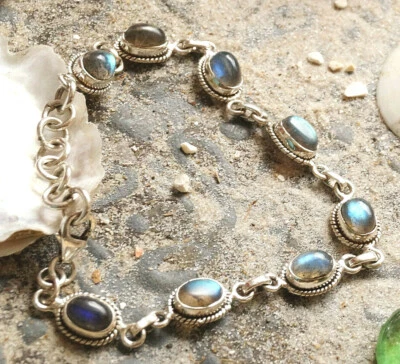 Silber Armband 18 19 20 21,5 cm Labradorit Blau Grün Vintage Modern Schicht Edel - Bild 1 von 4