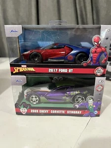 Spider-Man Ford Gt And Joker Stingray figure Jada Diecast Car NIB - Picture 1 of 6