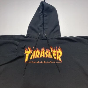 Vintage Thrasher Magazine Skateboarding Flames Logo Black Hoodie Mens XL - Picture 1 of 13