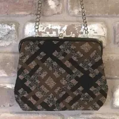 VINTAGE Women’s Black Brown Tweed Plaid Knit Fabric Chain Strap Clutch Handbag - Image 1 of 4
