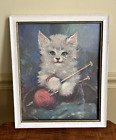 Vintage Kitten Kitty Cat with Knitting Framed Florence Kroger Print Signed 1960s
