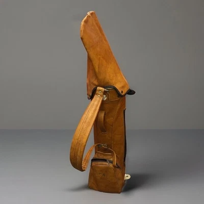 Bolsa de golf Arnold Palmer vintage de cuero marrón coñac con logotipo de paraguas 3 ranuras tubos Foto 1 de 4