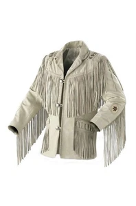 Men’s Genuine Cowhide Suede Leather Jacket Western Native American Fringes Style - Picture 1 of 3