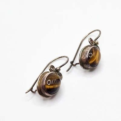 SAJEN Tiger's Eye Sterling Silver 925 Estate Wire Earrings Drop Pierced Boho - Изображение 1 из 4