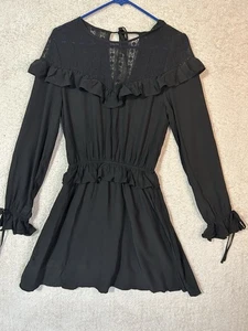 Lace Babydoll Mini Dress Long sleeve Dark Romantic Goth Black Bow Y2K 90, Medium - Picture 1 of 8