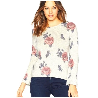 Lucky Brand Rose Sweater Wool Blend L Large Cream Ivory Floral Roses Long Sleeve - Image 1 of 4
