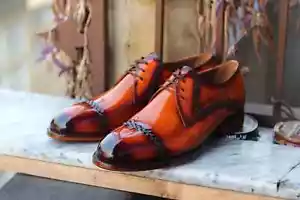 Men's Shoes Handmade Leather Bespoke Oxford Classic Patina Italian Formal Casual - Picture 1 of 4