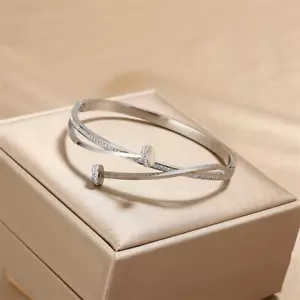 Bracciale Lusso Unico Doppio Cristallo Testa Unghie Croce Acciaio Inox per Donna - Foto 1 di 28