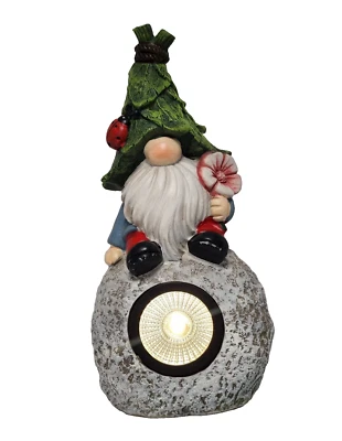 Solar Powered Garden Gnome sitting on Rock with Warm White LED Light - Image 1 of 4